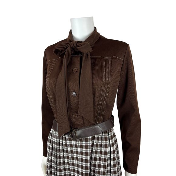 Vintage 70s Secretary Dress Womens L Brown Long Sleeve Ascot Necktie Plaid Skirt - Picture 5 of 11